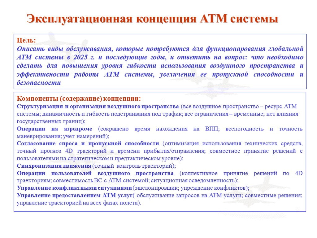 Эксплуатационная концепция АТМ системы Цель: Описать виды обслуживания, которые потребуются для функционирования глобальной АТМ